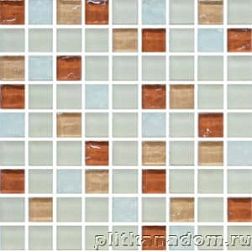 Керамическая плитка Росмозаика Мозаика стеклянная № 2202 Микс белый матовый колотый-молочный матовый-бежевый разбеленный рифленый верх-бежевый рифленый верх Мозаика 30х30 (1,5х1,5) см