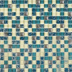 Керамическая плитка Росмозаика Мозаика стеклянная № 2083 микс бирюза,белый,темная бирюза колотая,платина 30х30 (1,5х1,5) см